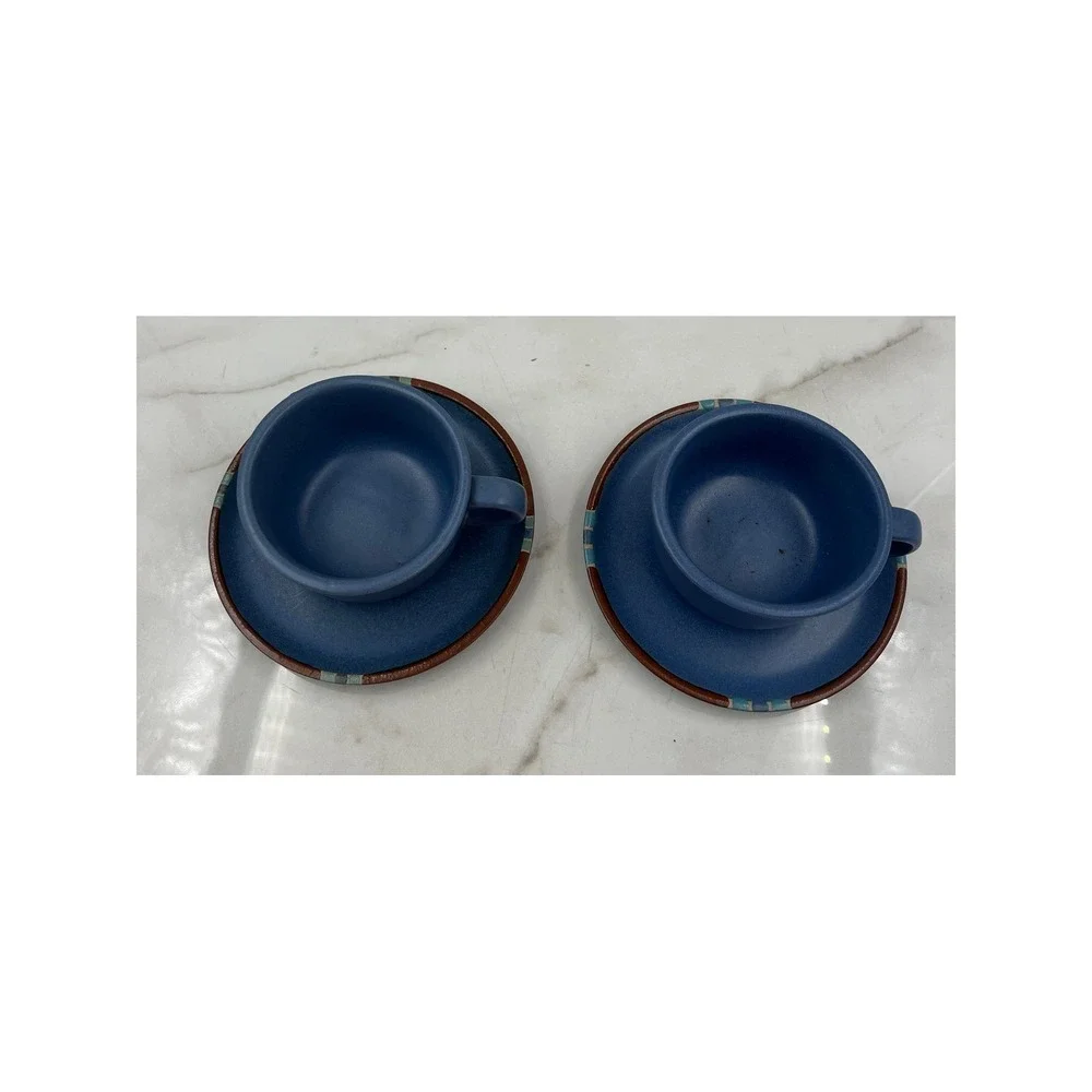 Dansk International Designs Blue Stoneware Tea Cup and Saucer Set of 2 Portugal